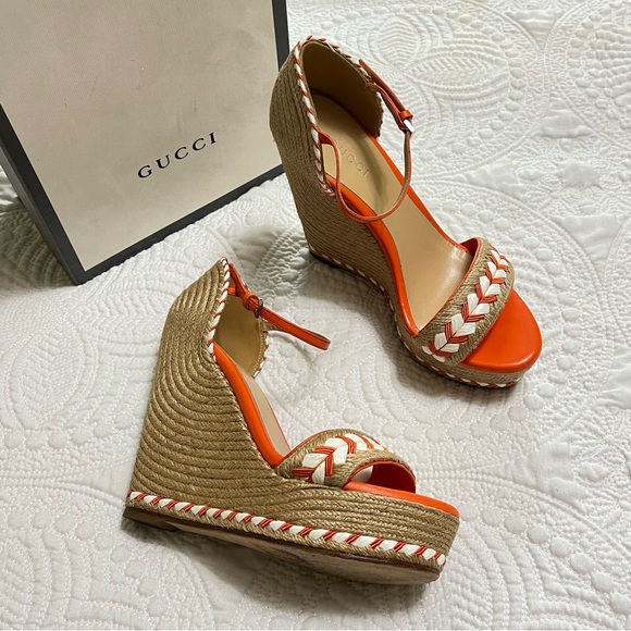 GUCCI Tiffany Espadrille Wedge Heel Sandal Orange White Jute Rope Leather 36 - Picture 1 of 12